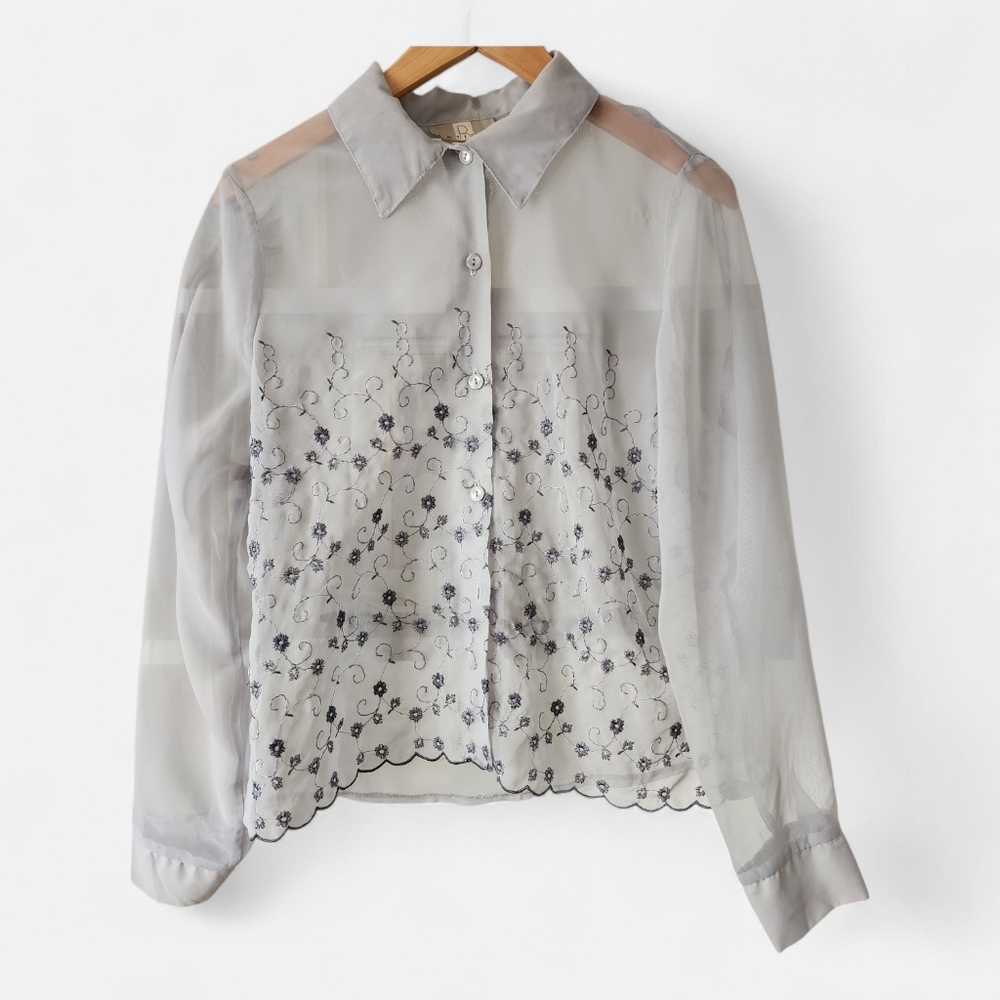 ✨ Vintage Sheer Embroidered Button-Up Blouse - Light Gray